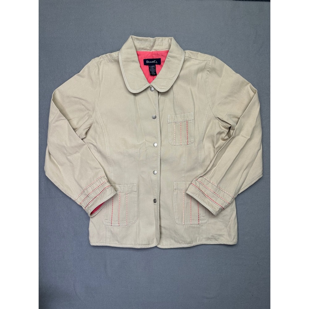 Denim & Co Chore Jacket Peter Pan Collar  Womens XL Khaki Tan Pink Lined‎ Cotton